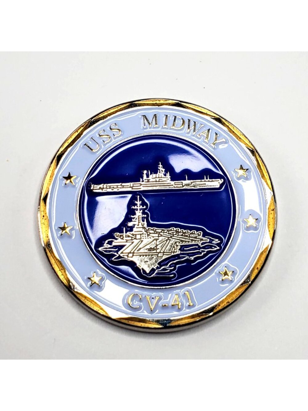 USS Midway CV-41 Navy Aircraft Carrier Challenge Coin Navy Blue Gold Trim